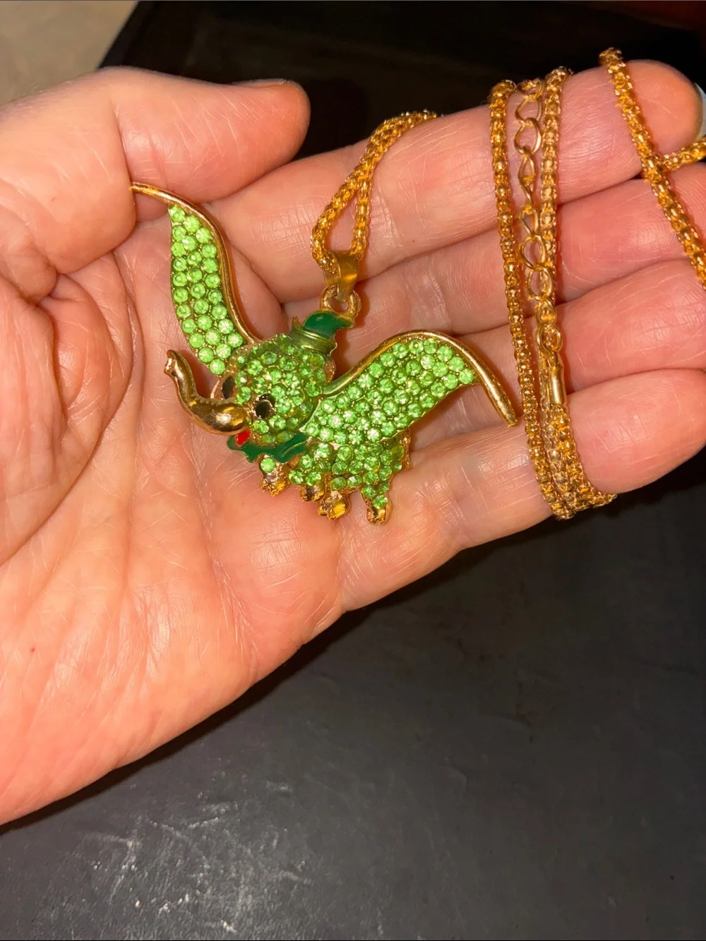 Gold-Tone Green Dumbo Pendant Vibrant Green Rhinestones